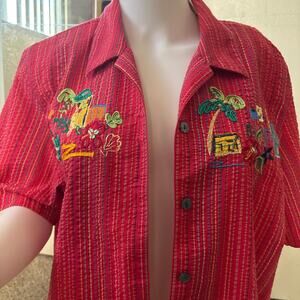 Funky red button down Hawaiian Shirt with Crazy Detailing Size L